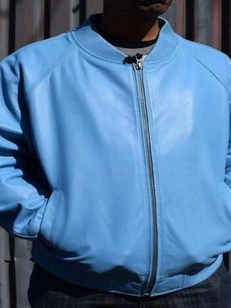 Noora Real Lambskin Men's Light Blue Leather Biker Jacket, Bomber Style Party Wear Leather Jacket - SK 010 — standardized 4K background-preserved hero image
