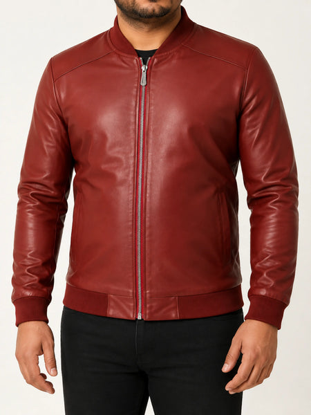Noora Mens Maroon Bomber Biker Leather Jacket With Branded YKK Zipper | Bomber Leather Jacket | Rib Sleeves Leather Jacket  SU0119 — standardized 4K studio hero image