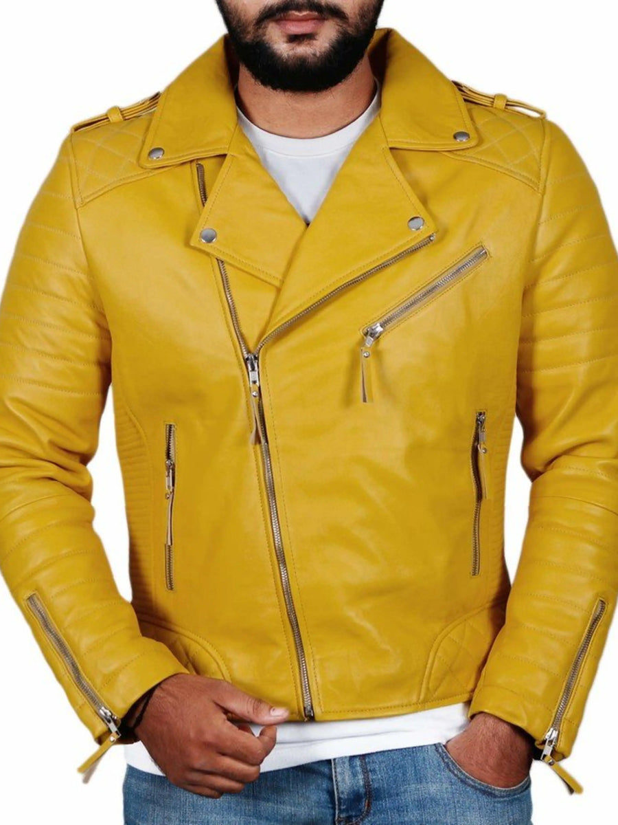 Men's Lambskin Yellow Leather Jacket, Stylish Motorcycle Quilted Biker Jacket for men
