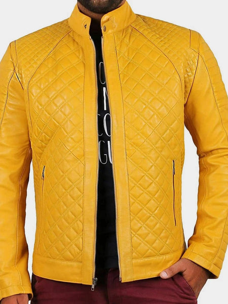 Noora Men's Yellow Lambskin Leather Jacket | Café Racer Quilted Style Jacket for men | SN013 — standardized 4K background-preserved hero image