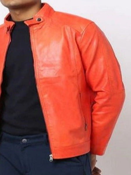 Noora Men's Lambskin Orange Leather Jacket | Biker Motorcycle Jacket | Handmade jacket | Men's Stylish Jacket | Slim Fit Jacket | SK 01 — standardized 4K background-preserved hero image