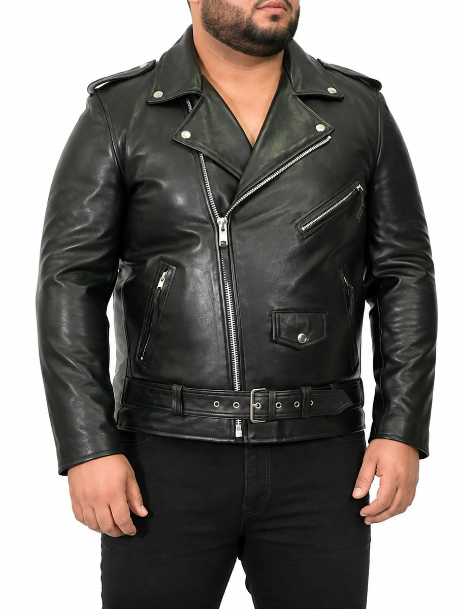 Men's Black Lambskin Biker Motorcycle Leather Jacket With off-centre front Zipper Closure