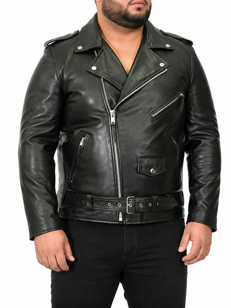 NOORA Men's BLACK Lambskin Biker Motorcycle Leather Jacket With off-centre front Zipper Closure, — standardized 4K background-preserved hero image