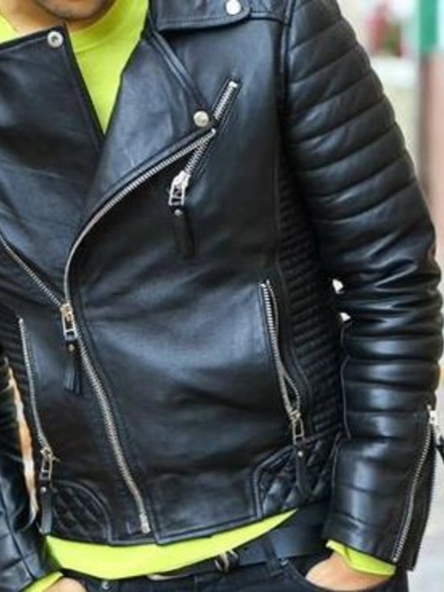Men's Lambskin Leather Fridge Bomber Jacket Stylish Motorcycle Biker Black Leather Jacket