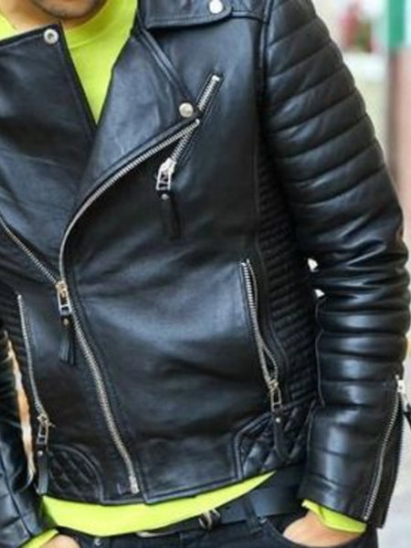 Noora New Men's Lambskin Leather Fridge Bomber Jacket Stylish Motorcycle Biker Black Leather Jacket — standardized 4K background-preserved hero image