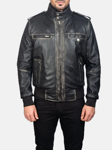 NOORA Authentic Lambskin Men's Black Leather Jacket, Cafe Racer Slim Fit Bomber Jacket YK0256 — standardized 4K background-preserved hero image