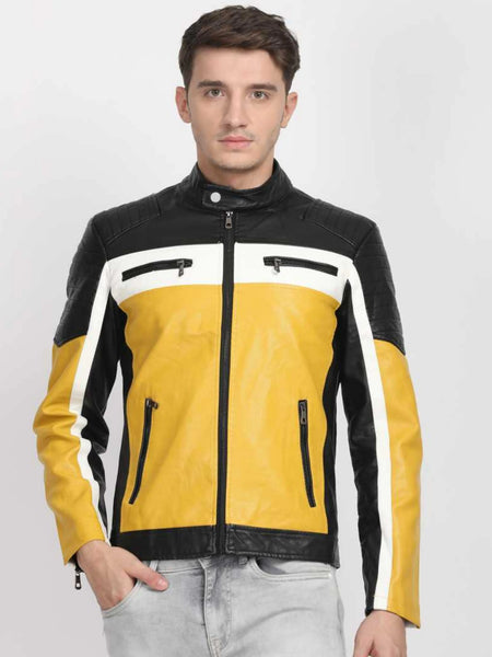 NOORA Mens Lambskin Colour Block Leather Quilted Jacket With Zipper & Pocket | Multi color | band Collar | ST0183 — standardized 4K background-preserved hero image