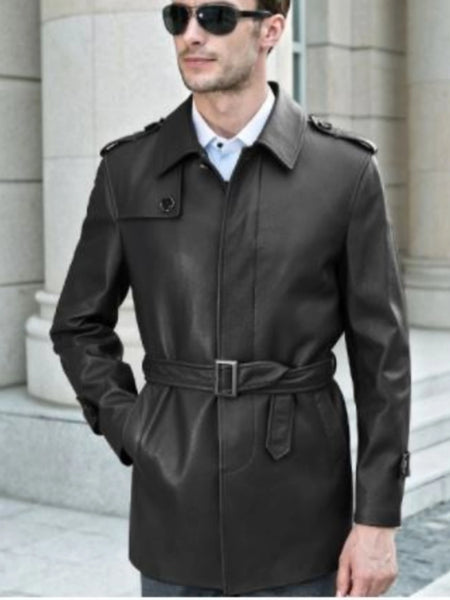 Noora Mens Lambskin Shiny Black Leather Trench Coat, Belted Leather Trench Coat With Snap Closure YK0251 — standardized 4K background-preserved hero image