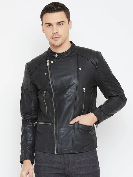 NOORA Mens Handmade Lambskin Black Leather Quilted Biker Jacket With Zipper & Pocket | One Side Zipper | Band Collar | ST0181 — standardized 4K background-preserved hero image
