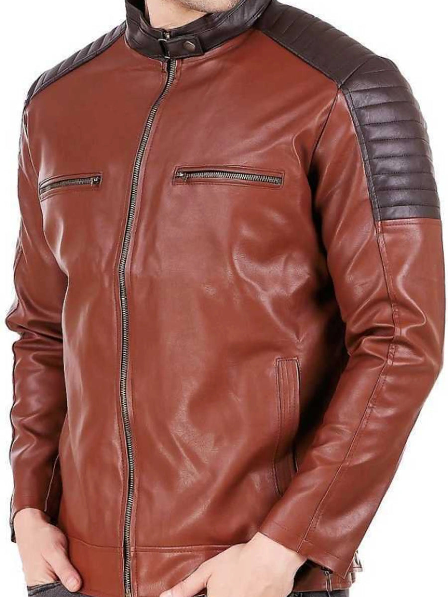 Mens Lambskin Color Block Quilted Biker Jacket With Zipper & Pocket, Band Collar