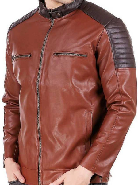 NOORA Mens Lambskin Color Block Quilted Biker Jacket With Zipper & Pocket| Band Collar| ST0178 — standardized 4K background-preserved hero image