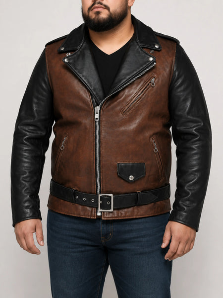 Noora Men's Lambskin Leather Black & Dark  Brown Combination Quilted Jacket With  Zipper & Pocket |  Café Racer Leather Jacket rt147 — standardized 4K restored human-model hero image