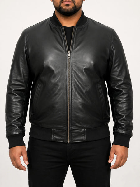 Noora Mens Black Lambskin Leather Bomber Biker Jacket | Casual Leather Jacket With Ribbed Cuff & Zipper Closure SU0133 — standardized 4K studio hero image