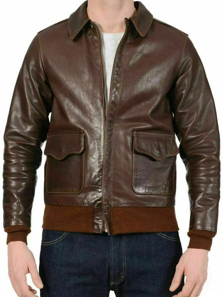 Noora Mens Dark Brown Bomber Leather Jacket | Dark Brown Aviator Leather Jacket With Zipper Closure |  Brown Rib Leather Jacket SU0177 — standardized 4K background-preserved hero image