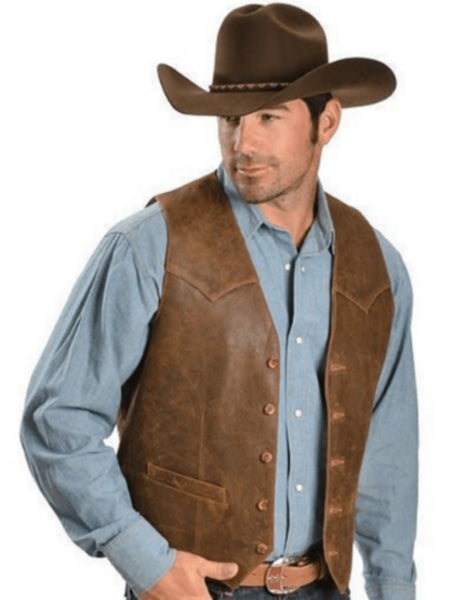 Noora Men's Antique Brown color Western Cowboy style Vest Coat With Buttons & Pockets |  Brown Sleeveless  Rider Leather Vest Coat SU085 — standardized 4K background-preserved hero image