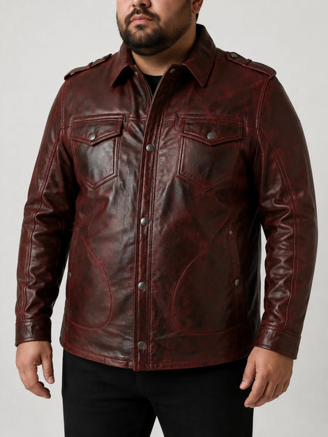 Mens Lambskin Brown Leather Motorcycle Shirt Jacket With Pocket, Shoulder Strap