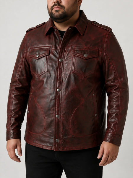 NOORA Mens Lambskin Brown Leather Motorcycle Shirt Jacket With Pocket | Shoulder Strap | ST021 — standardized 4K restored human-model hero image