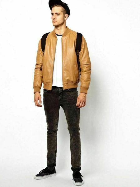NOORA Mens Lambskin Mango Tan Leather Biker Jacket , Motorcycle Bomber Jacket With Zipper & Pocket | ST0135 — standardized 4K background-preserved hero image