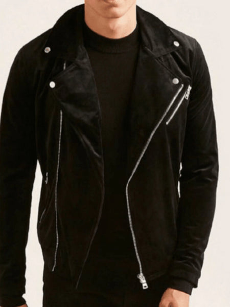 NOORA Mens Lambskin Black Suede Biker Jacket Double Pocket | Snap On Collar | Zip On Sleeves | ST078 — standardized 4K background-preserved hero image