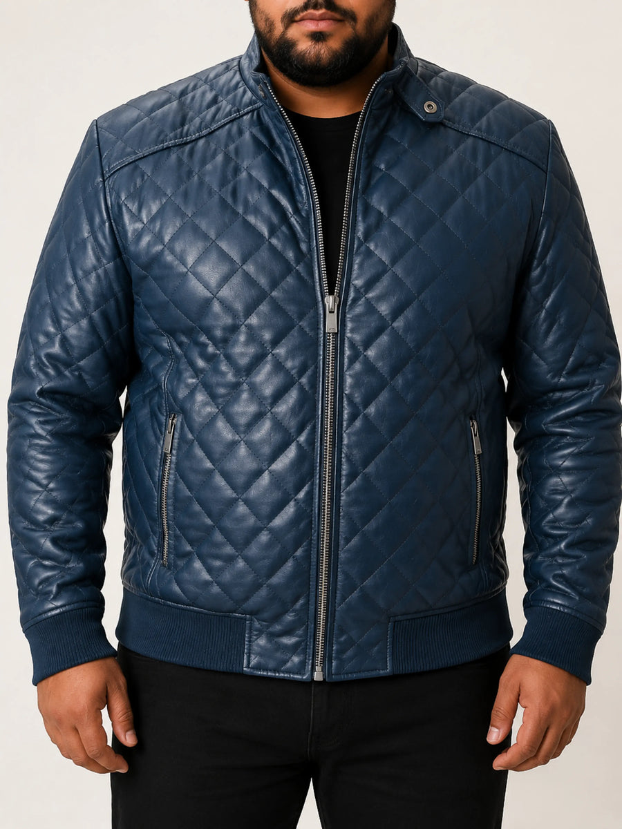 Mens Blue Quilted Bomber Biker Leather Jacket, Western Style Leather Jacket With YKK Zipper, Blue