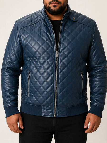 Noora Mens Blue Quilted Bomber Biker Leather Jacket | Western Style Leather Jacket  With YKK Zipper | Blue Bomber Leather Jacket SU0127 — standardized 4K studio hero image