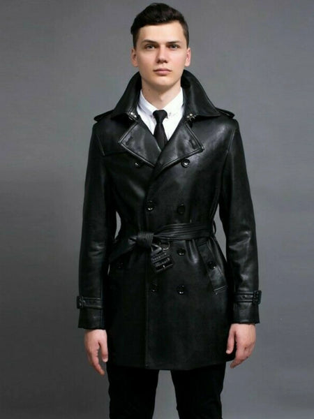 Noora Men's Leather Overcoat Jacket Trench Coat Belted Lapel Business Mid Long — standardized 4K background-preserved hero image