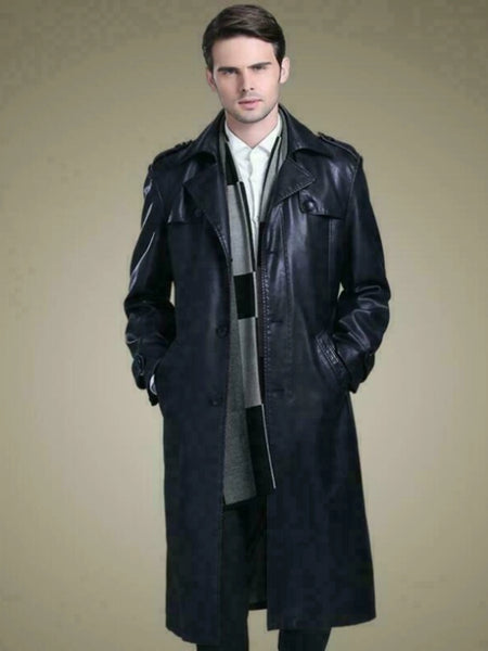 NOORA MEN Size Men Black Long Trench Coat With Belt Lambskin Leather Jacekt — standardized 4K background-preserved hero image