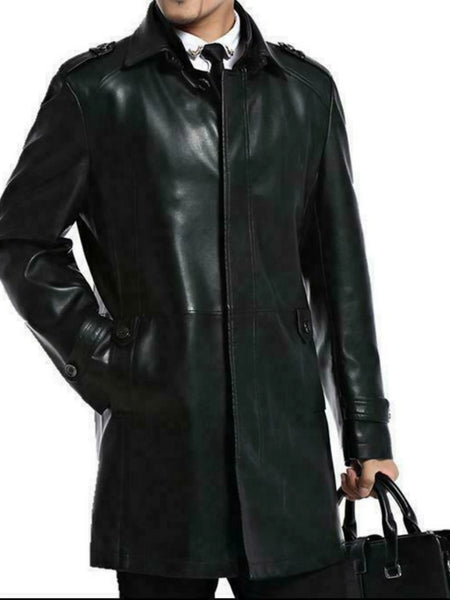 Noora Mens Leather Long Trench Coat Outwear Jacket Business Overcoat Slim Fit S6 — standardized 4K background-preserved hero image