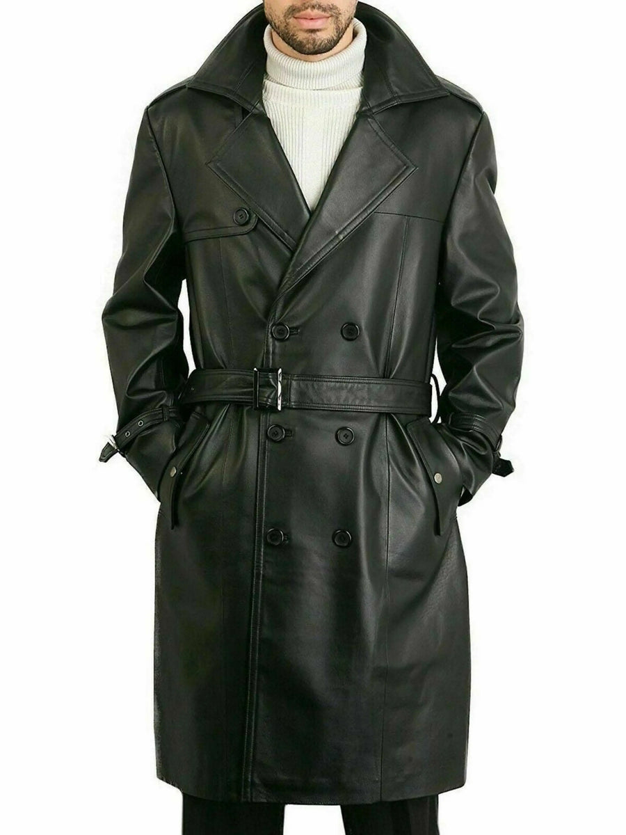Men's Black Lambskin Leather Trench Coat Real Lambskin Leather Jacket Long Trench