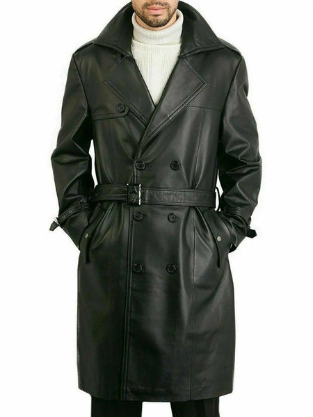 Noora Men's BLACK Lambskin Leather Trench Coat Genuine Lambskin Leather Jacket Long Trench — standardized 4K background-preserved hero image