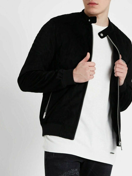 NOORA Lambskin Black Suede Jacket , Matt Black Suede Bomber Jacket With Zipper & Pocket |  ST0123 — standardized 4K background-preserved hero image