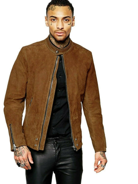 NOORA Mens Lambskin Brown Suede Biker Jacket  With Zipper & Pocket | Band Collar | Zip On Sleeves | ST0128 — standardized 4K background-preserved hero image