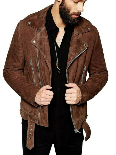 NOORA Mens Lambskin Brown Suede Biker Jacket With Zipper & Pocket| Belted Jacket| Zip On Sleeves| Shoulder Strap| ST19 — standardized 4K background-preserved hero image