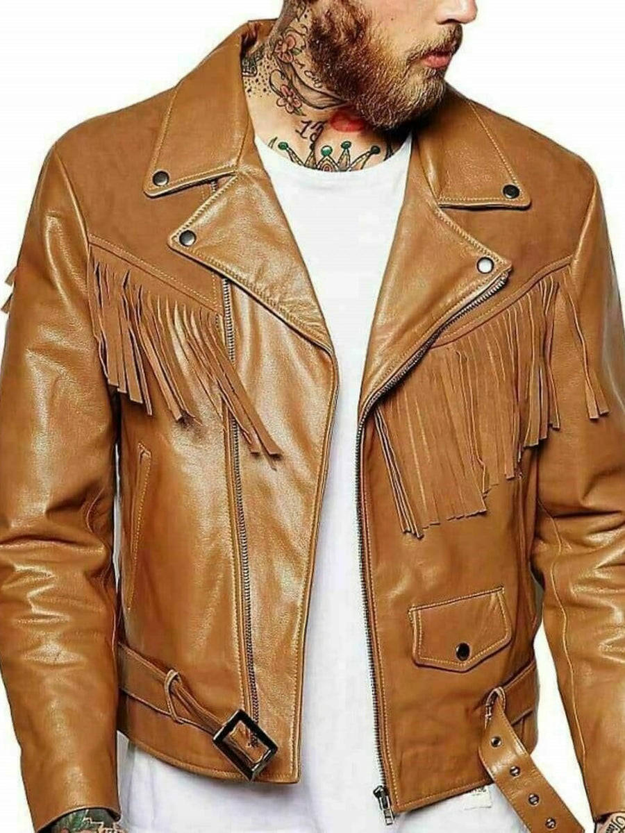 Men's Asymmetrical Lambskin Leather Tan Brown Fringe Biker Jacket