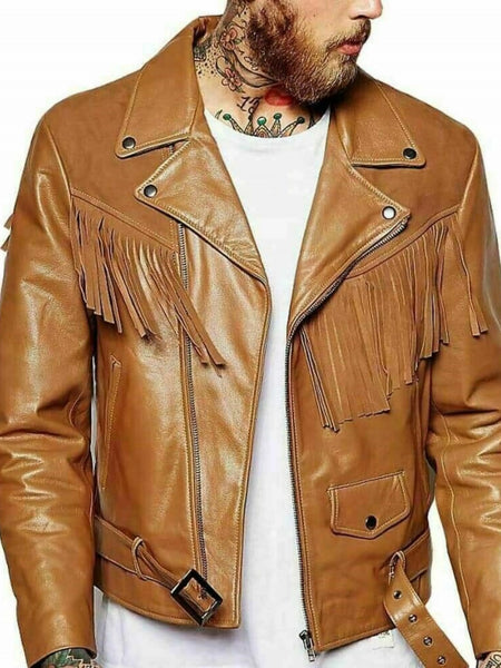 Noora Men's Asymmetrical Lambskin Leather TAN Brown Fringe Biker Jacket QD835 — standardized 4K background-preserved hero image