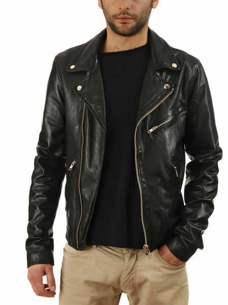 NOORA Mens Black Genuine Leather Jacket Real Lambskin Slim Fit Biker Style WA186 — standardized 4K background-preserved hero image