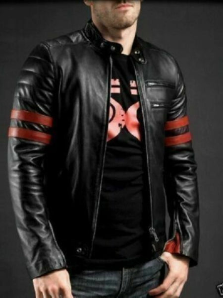 NOORA Men Retro Hybrid Black Leather Jacket with Red Stripe Vintage Black WA179 — standardized 4K background-preserved hero image