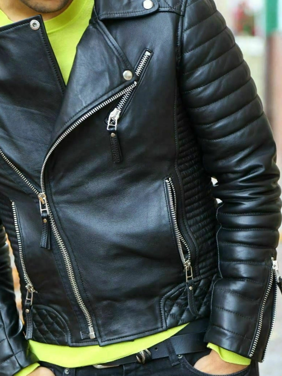Me Stylish Lambskin Real Leather Motorcycle Biker Racing Jacket
