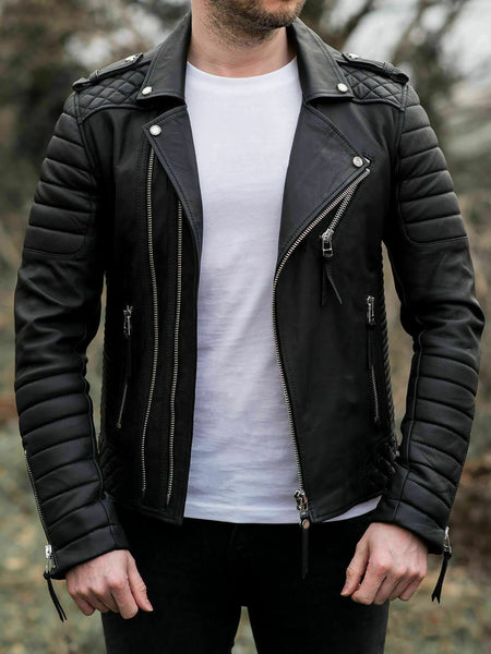 NOORA New Lambskin Men Black Leather Jacket | Slim Fit Motorcycle Jacket | Quilted Designer Jacket YK099 — standardized 4K background-preserved hero image