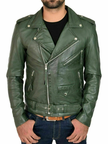 NOORA New Men's Lambskin Leather Green Jacket Bikers Bomber Modern Styles QD215 — standardized 4K background-preserved hero image