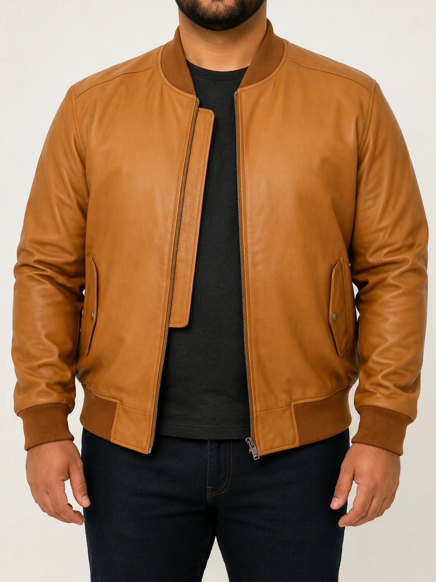 Men Tan Leather Jacket, Bomber Style Biker Leather Jacket, Slim Fit Movie Leather Jacket, Casual