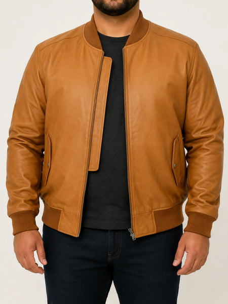 Noora Men TAN Leather Jacket, BOMBER Style Biker Leather Jacket, Slim Fit Movie Leather Jacket, CASUAL Leather Jacket — standardized 4K studio hero image