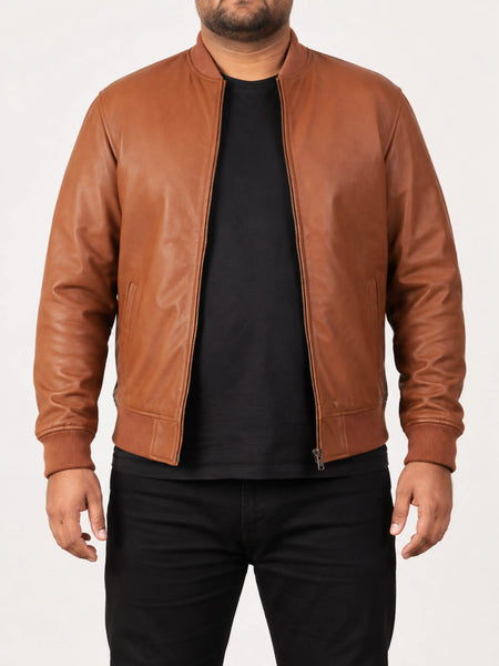 Noora Genuine Men's Lambskin TAN Bomber Leather Jacket Cafe Racer Riding Jacket With Zipper & Pocket — standardized 4K studio hero image