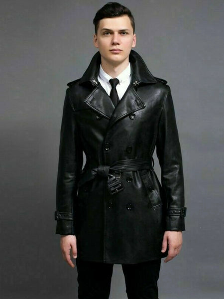 Noora New Mens Shiny Black Leather Trench Coat | Overcoat Belted Lapel | Midi Coat, Winter Coat With Button YK097 — standardized 4K background-preserved hero image