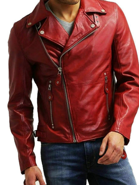 NOORA MEN'S RED LEATHER JACKET SLIM FIT BIKER LAMBSKIN LEATHER MOTORCYCLE NI-14 — standardized 4K background-preserved hero image