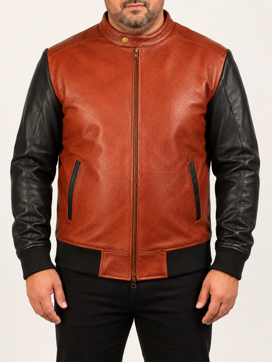 Men's Lambskin Maroon & Black Leather Jacket, Slim fit Motorcycle Retro style Color Block Jacket