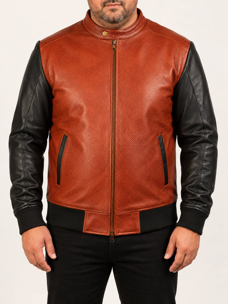 Noora Men's Lambskin Maroon & Black Leather Jacket, Slim fit Motorcycle Retro style Color Block Jacket YK0259 — standardized 4K studio hero image