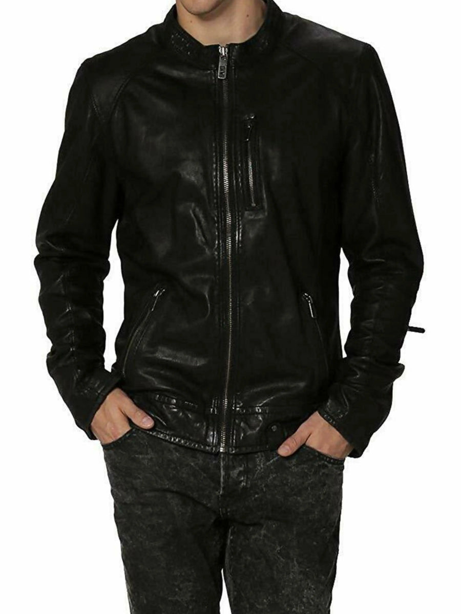 Men's Biker Cafe Racer Lambskin Real Leather Slim Fit Jacket