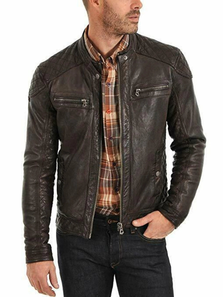 Men's Biker Real Fridge Cafe Racer Real Leather Slim Fit Jacket