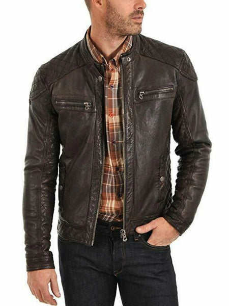 NOORA MEN'S BIKER Genuine Fridge CAFE RACER  REAL  LEATHER SLIM FIT JACKET NI-29 — standardized 4K background-preserved hero image